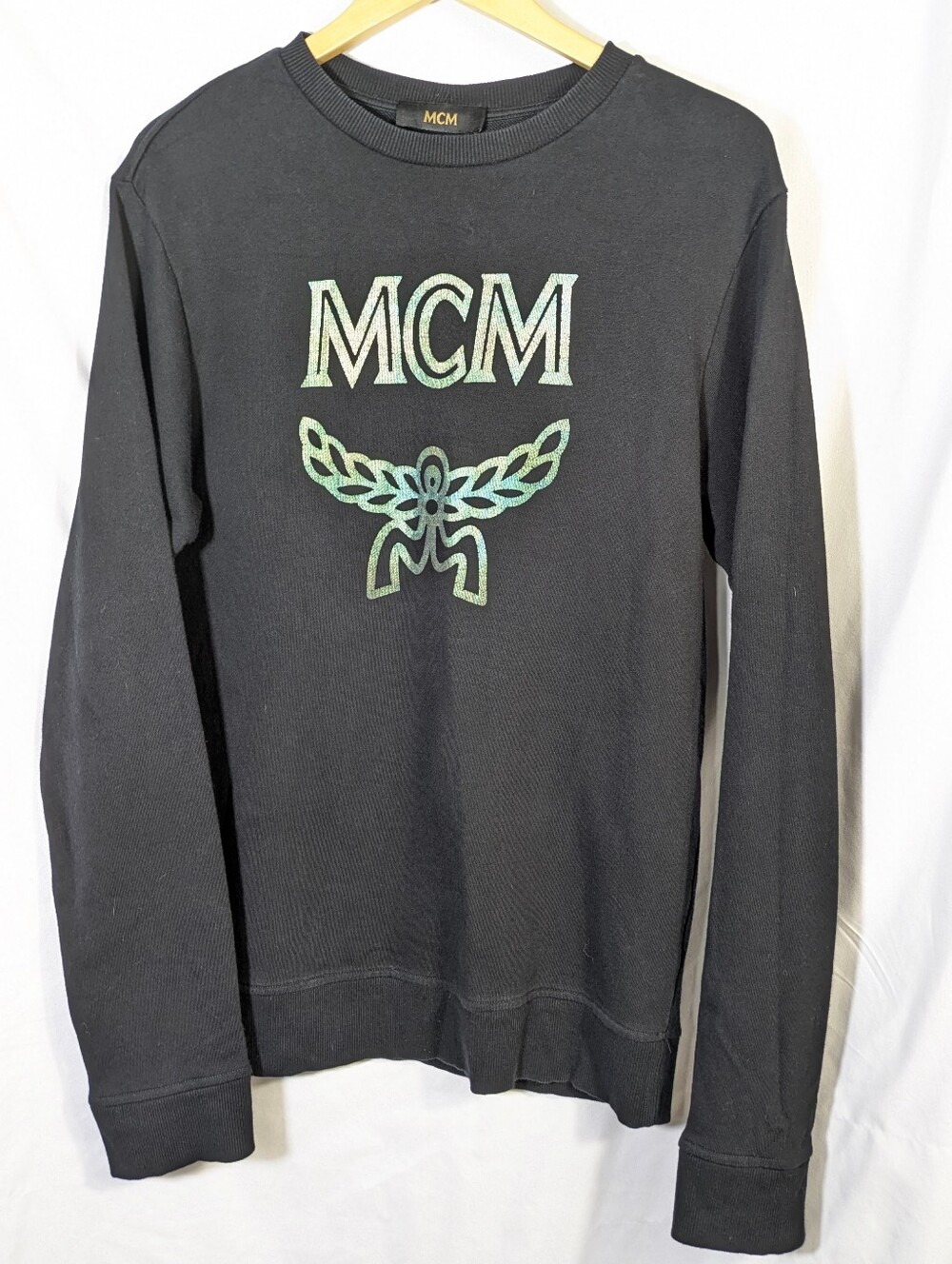 MCM Men's Black Crewneck Sweatshirt Iridescent Logo Luxury Streetwear Sz L